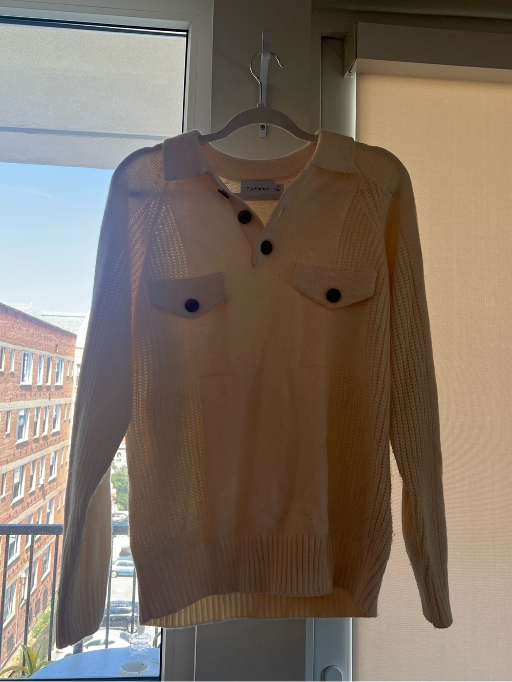 Topman Cream V-Neck Button Pullover with Chest Pockets